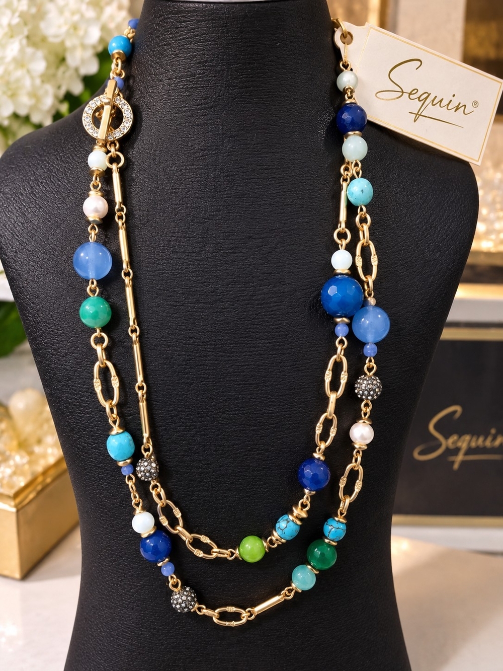Multi-Blue & Green Beaded Gold Necklace -